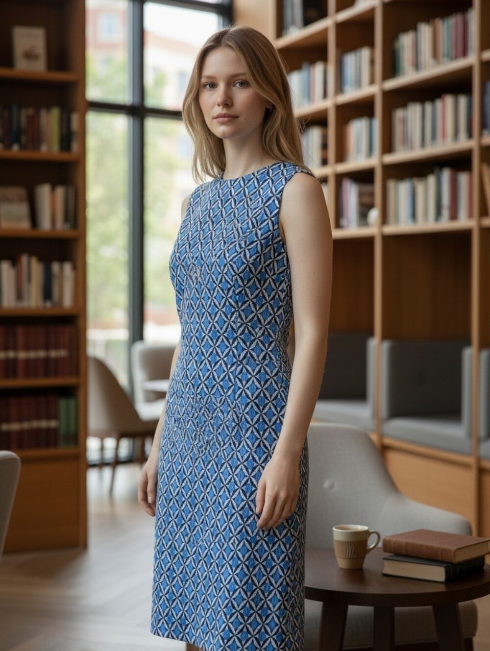 AB Studio Geometric Blue White Black Midi Dress